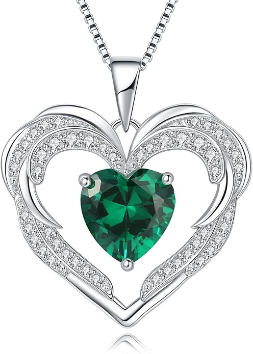 Heart Necklaces for Women Mother's day Gifts, Birthstone 925 Sterling Silver Angel Wings Love Pendant Necklaces for Women, Jewelry Gifts for Wife, Anniversary, Birthday