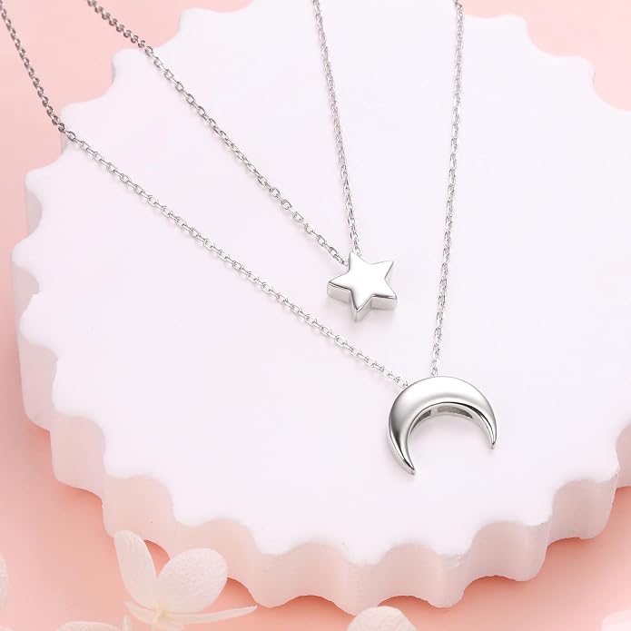 FLYOW Layered Choker Necklace S925 Sterling Silver Star Full Moon Daisy Flower Pendant Disc Jewelry Adjustable Clavicle Necklaces for Women Girls Birthday Gifts