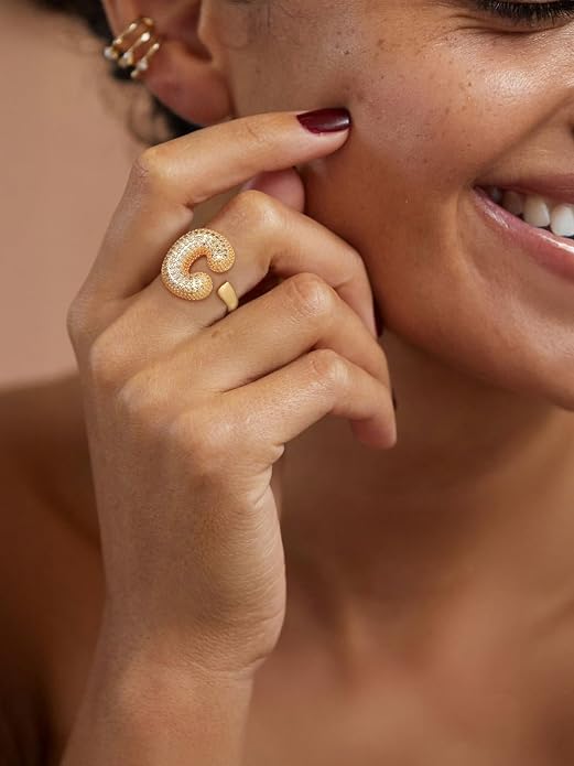FindChic Initial Ring for Women, Gold Plated Chunky Letter Rings Open Adjustable Trendy Sparkling Cubic Zirconia Personalized Statement Rings Jewelry Gift