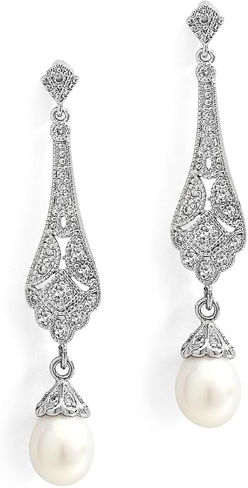 Mariell Cubic Zirconia Vintage Art Deco Dangle Earring with Freshwater Pearl Drops for Brides or Weddings