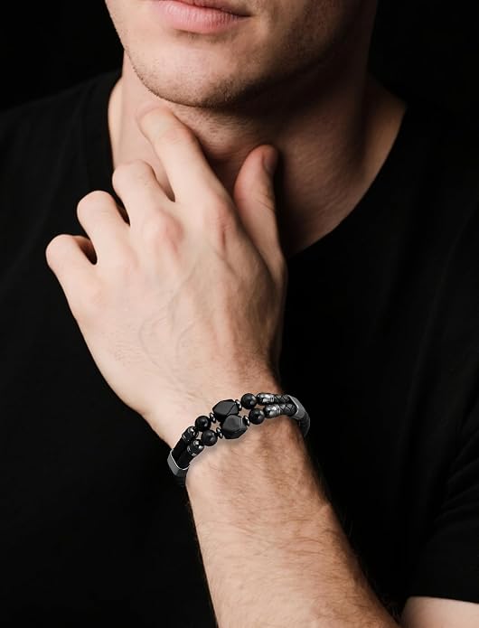 Mens Turquoise/Lapis Lazuli/Tiger Eye/Black Agate/Obsidian Leather Braided Bracelets for Father's Day/Birthdays/Graduation Jewelry Wristband Cuff Bracelet with Stainless Steel Clasp