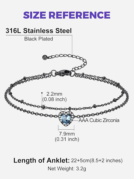 Richsteel Double Layer Heart/Butterfly Birthstone Anklet for Women Non Tarnish Waterproof, Silver/Gold/Black Stainless Steel 8.5-10.5 Inch Adjustable Chain Anklets Jewelry Gifts for Her