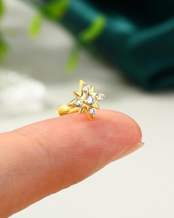 COCHARM 14K Gold Plated Cartilage Earrings Stud 16G Star 925 Sterling Silver Helix Tragus Earrings Surgical Steel Flat Back Earrings for Women
