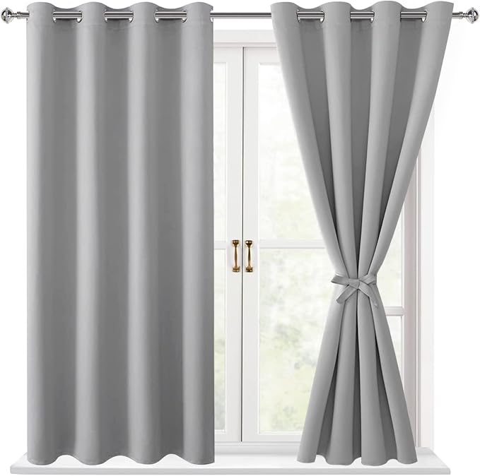 Hiasan Blackout Curtains for Bedroom - Thermal Insulated & Light Blocking Window Curtains for Living Room/Kids Room, 2 Drape Panels Sewn with Tiebacks, Silver Grey, 52 x 45 Inch