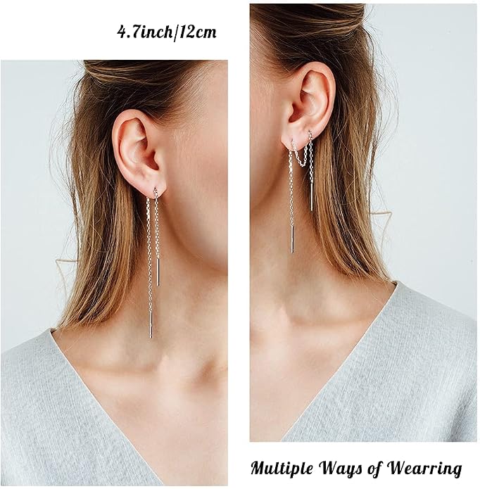 3 Pairs Threader Earrings 925 Sterling Silver Long Chain Earrings Bar/Ball Wrap Threader Drop Earrings for Women Lightweight Minimalist Mother's Day Jewelry Set