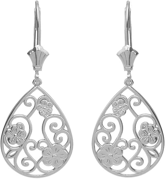 925 Sterling Silver Floral Filigree Teardrop Dangle Earrings