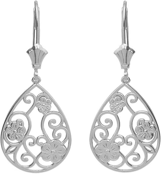 925 Sterling Silver Floral Filigree Teardrop Dangle Earrings