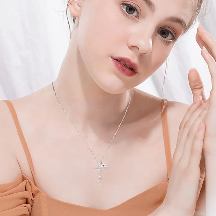 PRAYMOS Faith Cross Necklace for Women 925 Sterling Silver Pendant Necklace With Birthstone Initial Christian Religious Confirmation Baptism Mothers Day Gifts