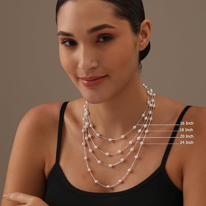 LeCalla 925 Sterling Silver Italian Simulated Pearl Station Chain Necklace for Teen and Women 16, 18, 20, 24 Inches