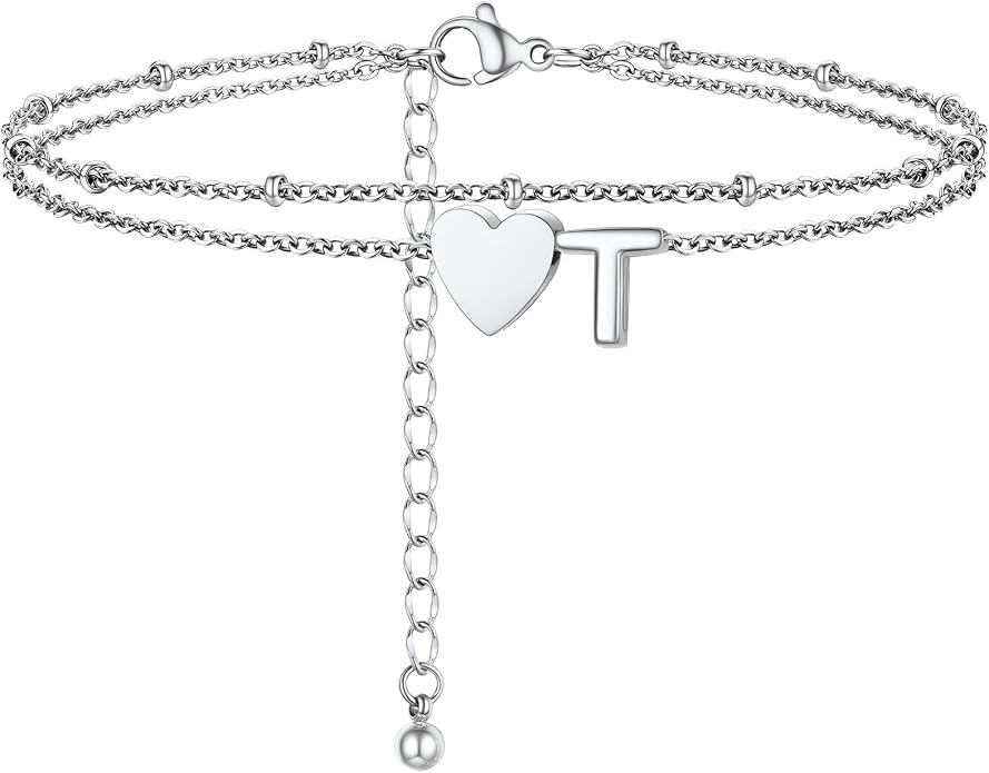 Initial Ankle Bracelets for Women, Dainty Stainless Steel Letter A-Z Layered Anklets, Heart Ankle Bracelet 8.5"-10.5" Adjustable, Summer Beach Jewelry, Come with Box
