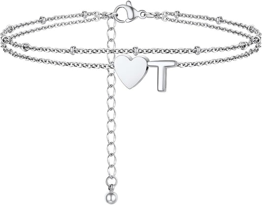 Initial Ankle Bracelets for Women, Dainty Stainless Steel Letter A-Z Layered Anklets, Heart Ankle Bracelet 8.5"-10.5" Adjustable, Summer Beach Jewelry, Come with Box