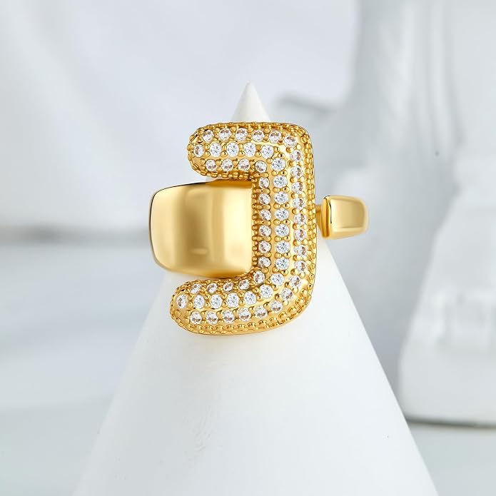 Cicy Bell Initial Rings for Women 14k Gold Plated Cubic Zirconia Delicate Letter Chunky Statement Open Rings Gifts for Her