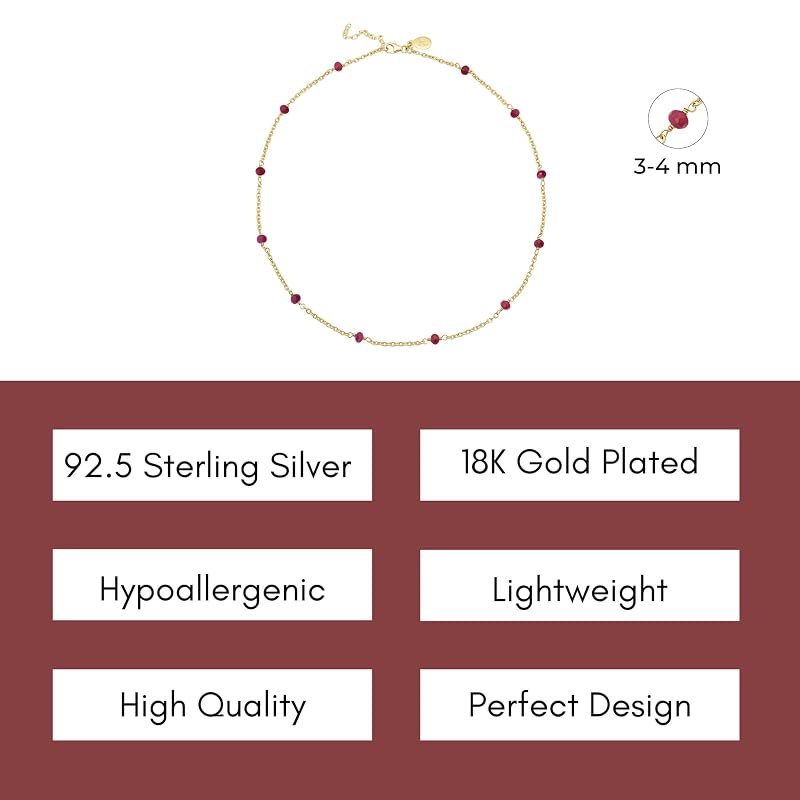 Ruby Necklace for Women, Premium Beaded Gold Necklaces for Women - Tarnish Free 18K Gold Vermeil Certified S925 Classic Statement Necklace Gold Jewelry for Women - Mothers Day Gifts for Mom Wife