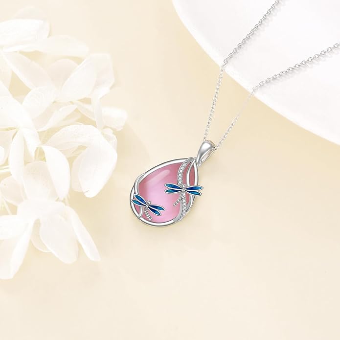 KQF Dragonfly/Butterlfy/Cat/Jellyfish/Bunny/Axolotl/Bee/Mermaid/Hummingbird/Elephant Necklace for Women Sterling Silver Moonstone Pendant Necklace Dragonfly Jewelry Gifts for Women