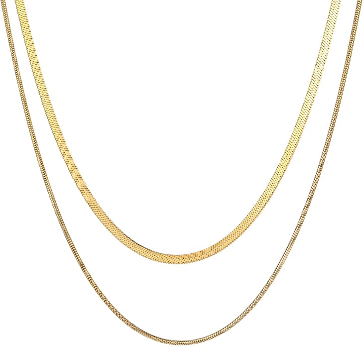 18K Gold Plated Layered Herringbone Necklaces for Women Dainty Layering Beaded Snake Chain Choker Moon Coin Pendant Necklace Trendy Stainless Steel Jewelry
