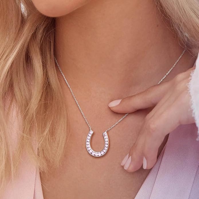 Luck Horseshoe Necklace 14K Gold Plated/Sterling Silver Created Gemstone Pendant with Chain Channel Set U Shaped Charm Necklace Birthstone Jewelry