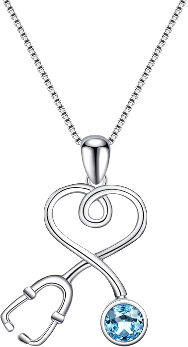 AOBOCO Stethoscope Necklace 925 Sterling Silver Embellished with 12 Months Birthstone Crystals from Austria, Graduation Gifts Medical Jewelry for Doctor Nurse Medical Student RN