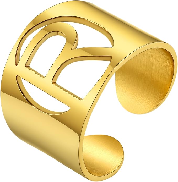 KeyStyle Bold Initial Letter Rings Adjustable, GoldChic Jewelry Women Gold Statement Ring Personalized Engraved Women’s Open Signet Ring for Party (Gold, White Gold, Black)