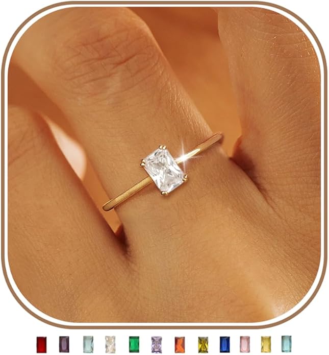 KAERUN Gold Birthstone Rings for Women Non Tarnish 14K Gold Plated Stackable CZ Thumb Eternity Rings Dainty Emerald Green Gemstone Engagement Ring for Mother Lover Birthday Jewelry Gifts Size 6-10