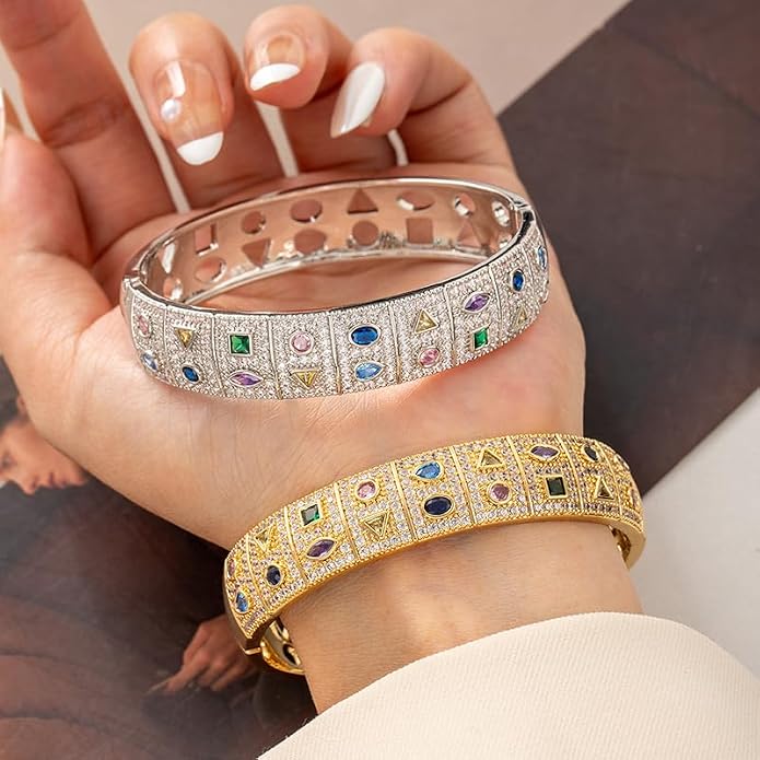 Gold Silver Plated Inspirational Cuff Bangle Bracelets for Women, Multicolor Crystal Statement Jewelry with Gift Box, Encouraging Bracelet Gift for Her Birthday Christmas