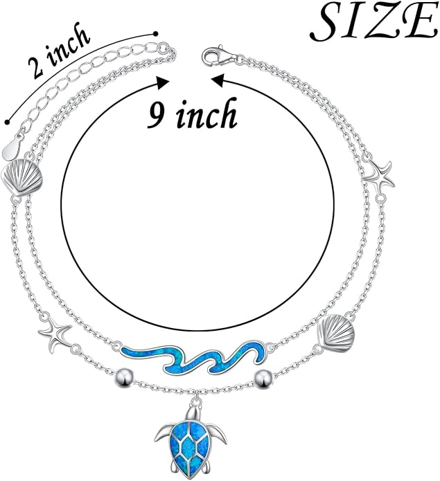 Ladytree S925 Sterling Silver Boho Beach Double Layer Anklets Bracelet for Women Adjustable 9 to 11 inches