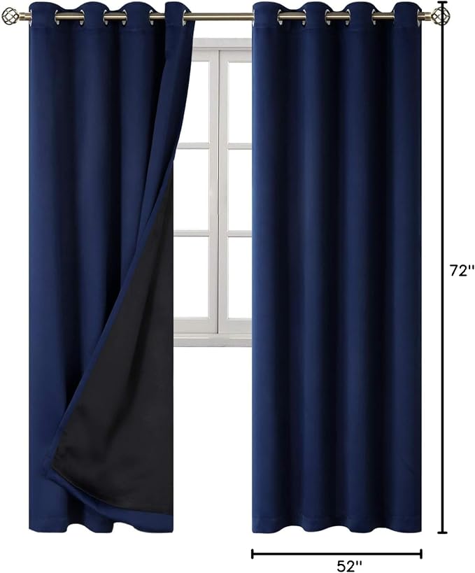 BGment Thermal Insulated 100% Blackout Curtains for Bedroom with Black Liner, Double Layer Full Room Darkening Noise Reducing Grommet Curtain (52 x 72 Inch, Navy Blue, 2 Panels)