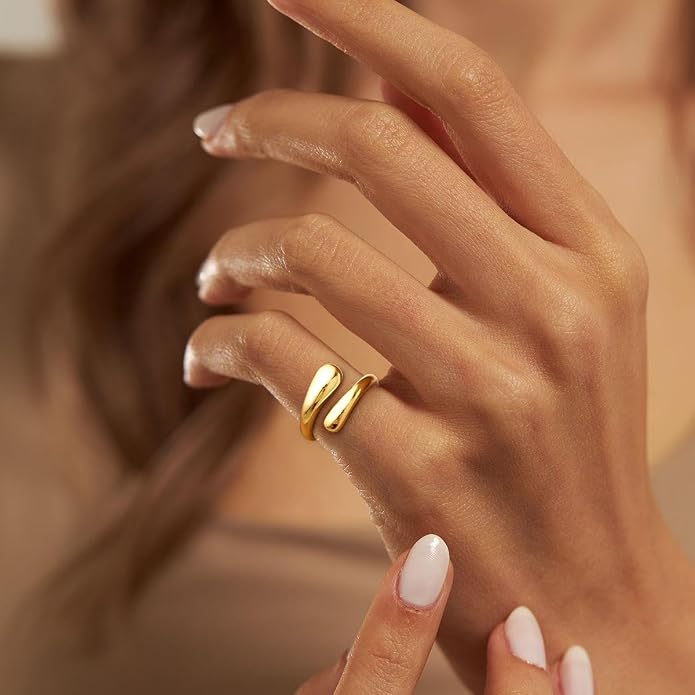 Non Tarnish Gold Chunky Rings for Women, 14K Gold Plated Statement Dome Rings Stacking Silver, Adjustable Mens Eternity Wedding Band Mixed Metal Jewelry Size 3-13