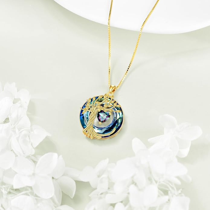 POPLYKE Mothers Day Gifts for Mom Her Wife Tree of Life Necklace 925 Sterling Silver Birthstone Pendant with Crystal Anniversary Birthday Wedding Jewelry for Women