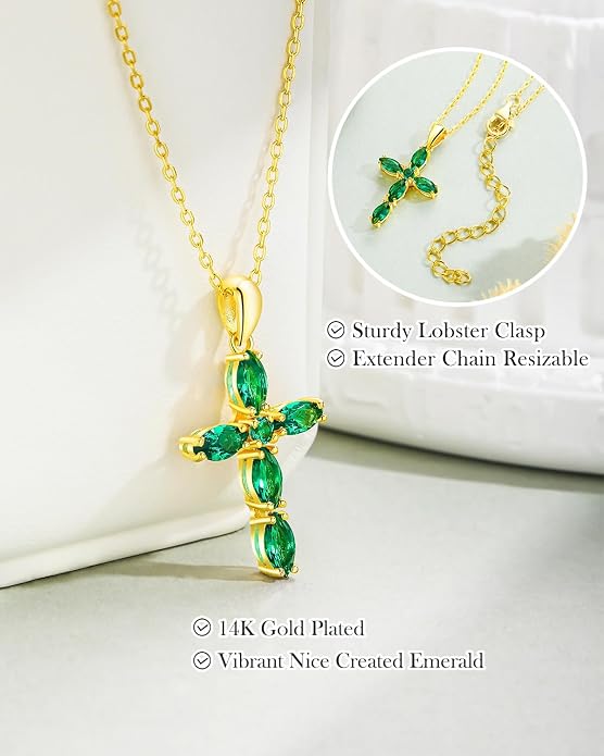 14K Gold Plated 925 Sterling Silver Birthstone Cross Necklace for Women Men