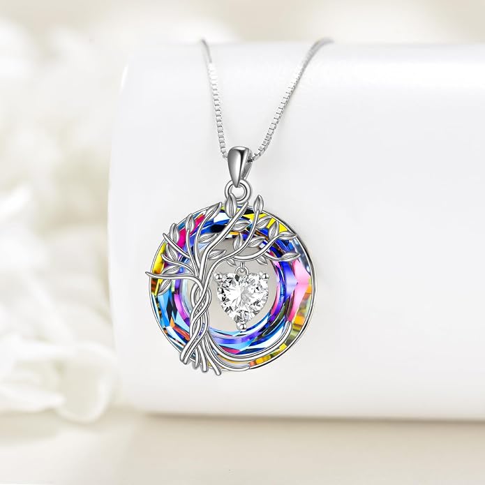 POPLYKE Mothers Day Gifts for Mom Her Wife Tree of Life Necklace 925 Sterling Silver Birthstone Pendant with Crystal Anniversary Birthday Wedding Jewelry for Women