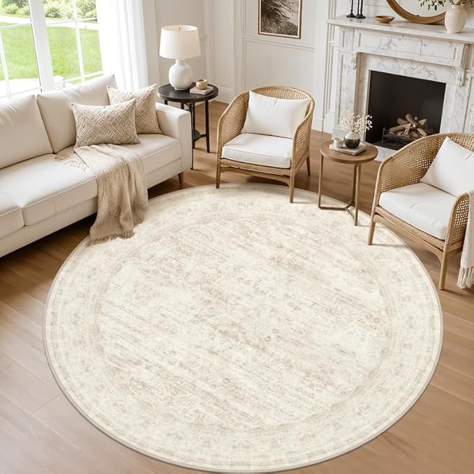 Round Area Rug for Living Room: 6ft Vintage Boho Neutral Washable Circle Rug Soft Large Circular Carpet for Bedroom Nursery Farmhouse Dining Room Office Floor Non-Slip Low Pile Under Table Retro Beige