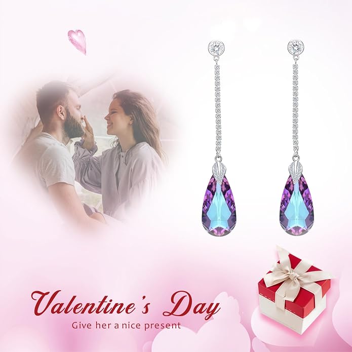EleQueen 925 Sterling Silver CZ Teardrop Leaf Long Dangle Earrings Made with Austrian Crystal for Women, Valentine's Day/Mother's Day/Christmas Jewelry Gift