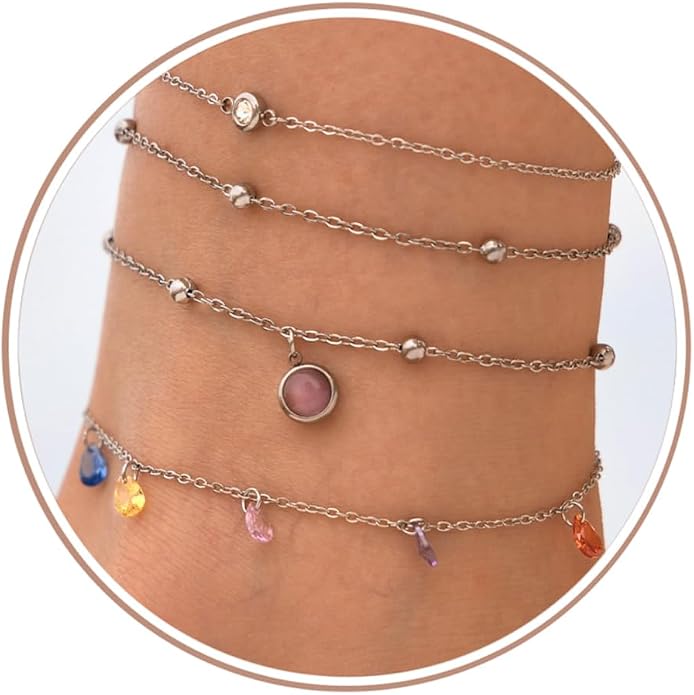 LOFITOR Ankle Bracelets for Women Glitter Waterproof Adjustable Anklet Set for Women 18K Gold Plated Silver Charm Dainty Layered Anklets, Summer Beach Anklet Jewelry for Women