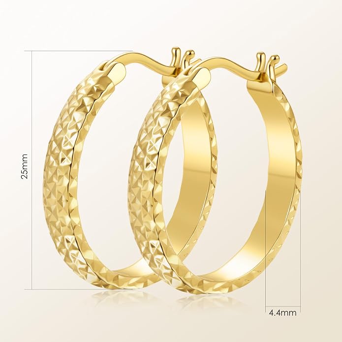 14K Yellow Gold Hoop Earrings for Women 4.4mm*25mm Trendy Diamond Cut Textured Hinged Hoops with Unique Faceted Pattern, Hypoallergenic Chunky Jewelry Gift