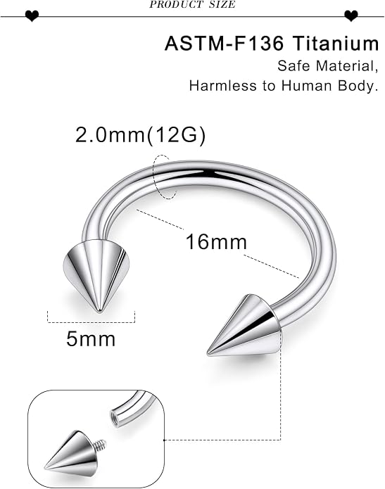 20G 18G 16G 14G 12G 8G 6G 4G 2G ASTM F136 Titanium Internal Thread Horseshoe Septum Ring Jewelry Circular Barbell Helix Snug Tragus Rook Daith Cartilage Earring Lip Ring Piercing Jewelry