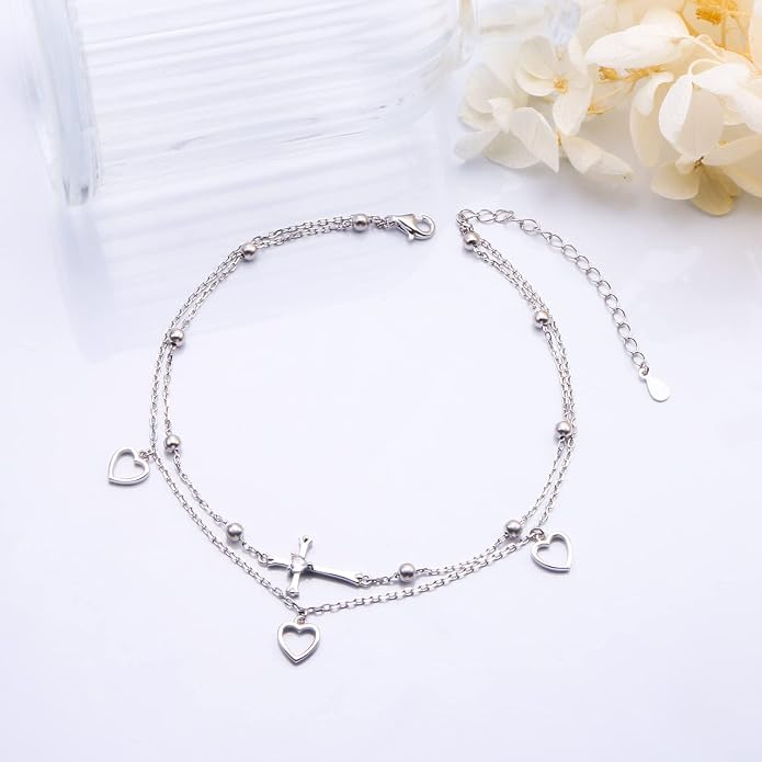 Flyow Anklet for Women S925 Sterling Silver Adjustable Foot Beaded Heart Charm Ankle Bracelet Anklets Jewelry