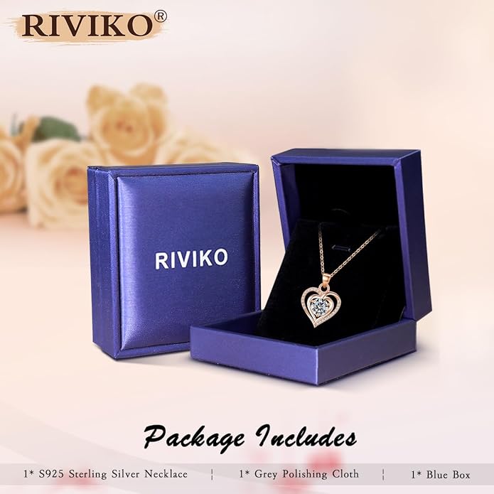 RIVIKO Heart Birthstone Pendant Necklace for Women 925 Sterling Silver Zirconia Necklaces Valentine's Day Anniversary Birthday Mothers Day Jewelry Gifts For Her Mother Wife
