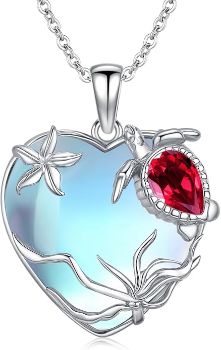 Sea Turtle/Seaweed Necklace for Women 925 Sterling Silver Heart of the Ocean Moonstone Pendant Necklace Turtle Moonstone Jewelry Gift for Wife Mom
