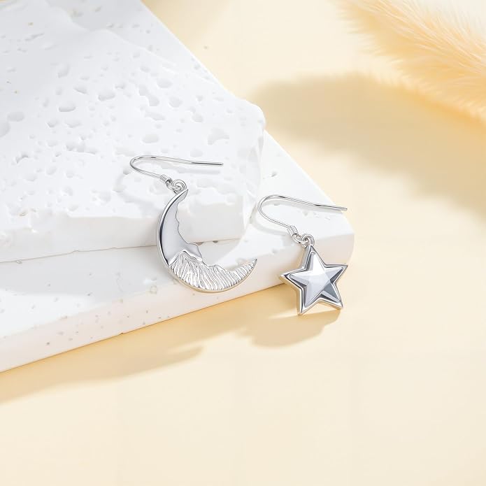Moon Earring Star Earrings for Women Sterling Silver Moon Star Crystal Asymmetrical Dangle Drop Earrings