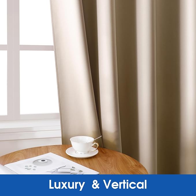HOMEIDEAS 2 Panels Beige Faux Silk Blackout Luxury Curtains, 52 X 84 Inch Room Darkening Satin Thermal Insulated Vintage Window Drapes for Bedroom Decor, Indoor,Champagne Gold