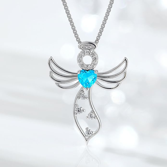 925 Sterling Silver Guardian Angel Pendant Necklace for Women - Birthstone Cubic Zirconia, 18" Chain, Gift for Her
