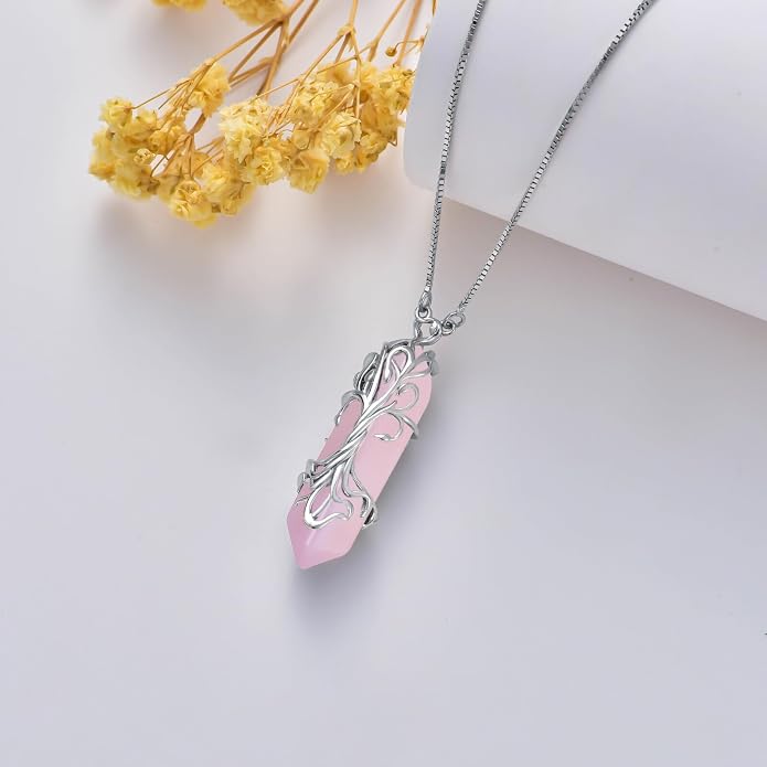Healing Crystal Necklace 925 Sterling Silver Sunflower/Tree of Life Wrapped Pendant Reiki Energy Jewelry for Women