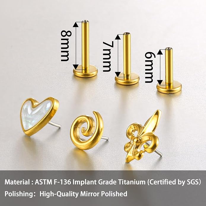 Casvort 3 PCS ASTM F136 Titanium 16G/18G Moth Bird Snail Flower Heart Spiral Threadless Flatback Piercing Stud for Nose, Labret, Tragus, Helix, Conch with 6mm 7mm and 8mm Post- Cartilage Earring Body Piercing Jewelry