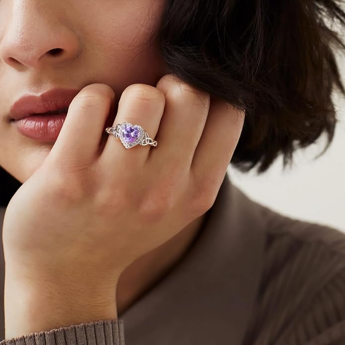 DAYBYDAY Celtic Birthstone Rings for Women 925 Sterling Silver Heart/Round/Pear/Oval Created Gemstone Moissanite Halo Engagement Promise Rings for Her Wife Birthday Anniversary Wedding Jewelry