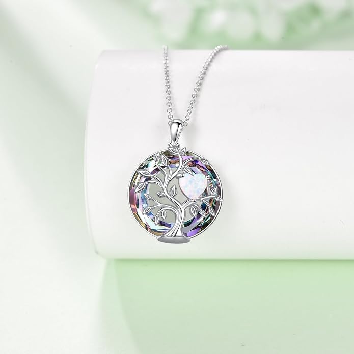 Tree Of Life Birthstone Necklace 925 Sterling Silver Crystal Family Tree Pendant Necklaces Heart Birthstone Jewelry For Women Female Anniversary Birthday Gifts