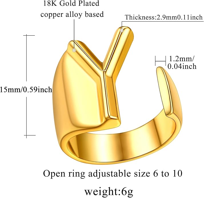 FindChic Customizable Initial Ring Statement 18K Gold Plated Fashion Cuff Rings for Women Alphabet Letter A to Z Resizable Knuckle Ring (with Gift Box)
