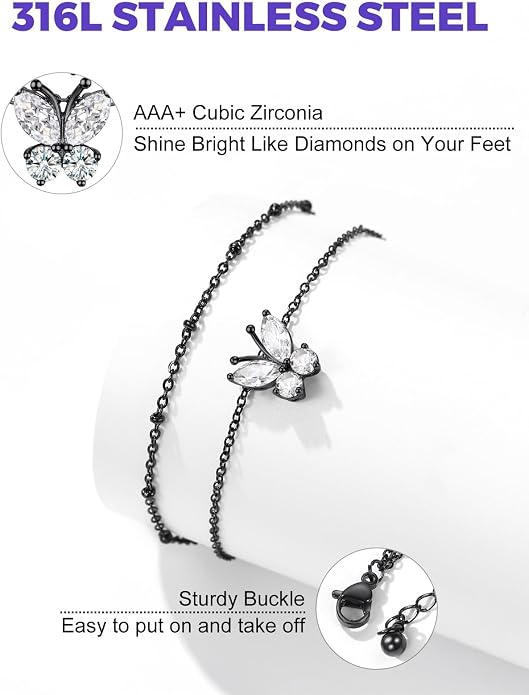 Richsteel Double Layer Heart/Butterfly Birthstone Anklet for Women Non Tarnish Waterproof, Silver/Gold/Black Stainless Steel 8.5-10.5 Inch Adjustable Chain Anklets Jewelry Gifts for Her