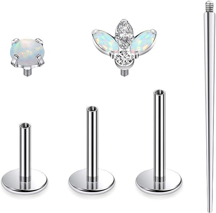 Ruifan Titanium Flat Back Lip Rings Internally Threaded Earrings Studs Nose Rings 16G Opal CZ Tragus Cartilage Lobe Rook Helix Conch Labret Medusa Piercing Jewelry for Women Men W Piercing Taper Set