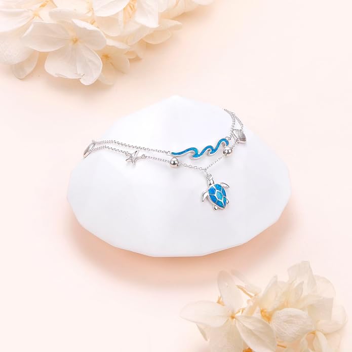 Ladytree S925 Sterling Silver Boho Beach Double Layer Anklets Bracelet for Women Adjustable 9 to 11 inches