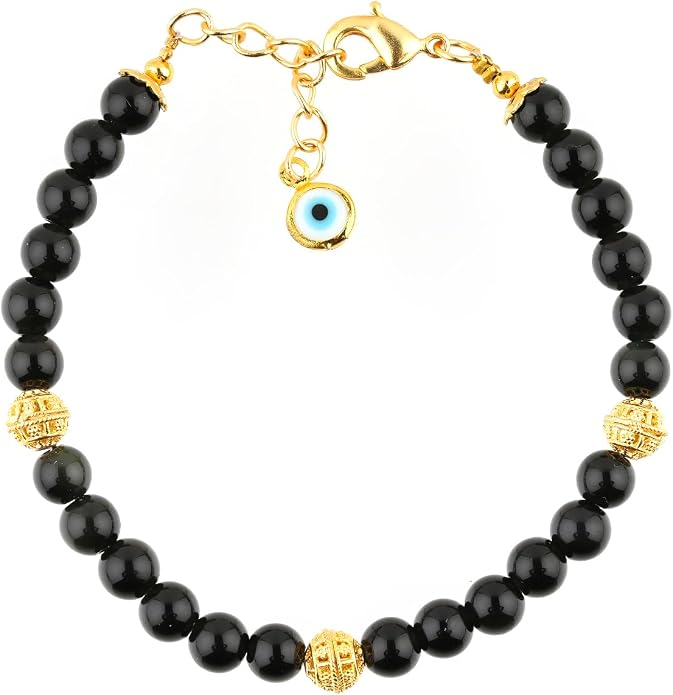 AAA Grade Natural Gemstone Beaded Bracelet, 14K Gold Plated with Evil Charm, Wicca & Reiki Healing Crystals, Handmade Bohemian Jewelry, Christmas Gift for Women (7+1inch)